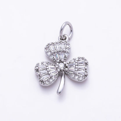 Silver 16.5mm Clear CZ Baguette Micro Paved Clover Plant Charm | Charms-01522
