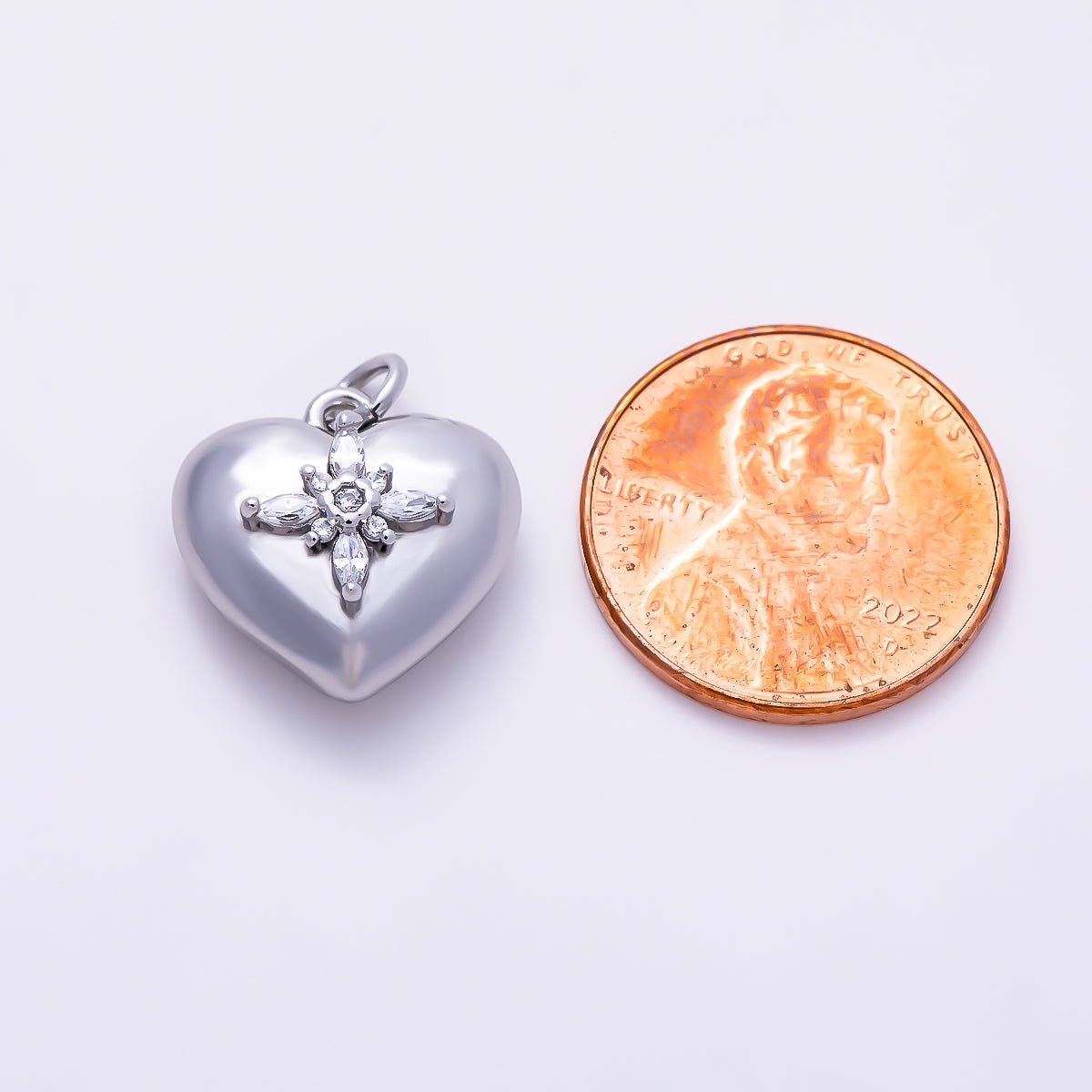 Silver 16mm Marquise CZ Cross Starburst Chubby Heart Charm | Charms-01520