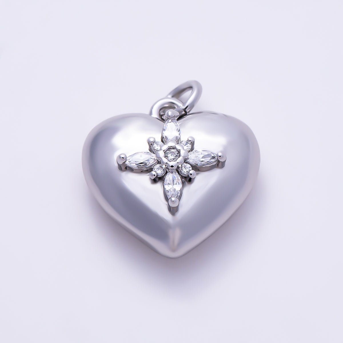 Silver 16mm Marquise CZ Cross Starburst Chubby Heart Charm | Charms-01520
