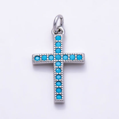 24K Gold Filled 16mm Turquoise Micro Paved Religious Cross Charm | AF440