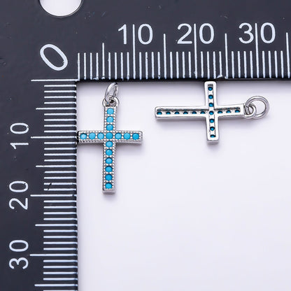 Silver 16mm Turquoise Micro Paved Religious Cross Charm | Charms-01521