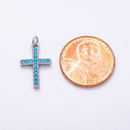 Silver 16mm Turquoise Micro Paved Religious Cross Charm | Charms-01521