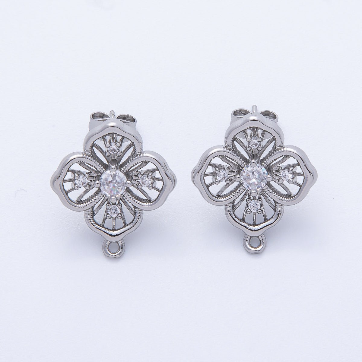 Silver 21mm Clear CZ Open Clover Flower Stud Earrings Findings Supply | Z1667