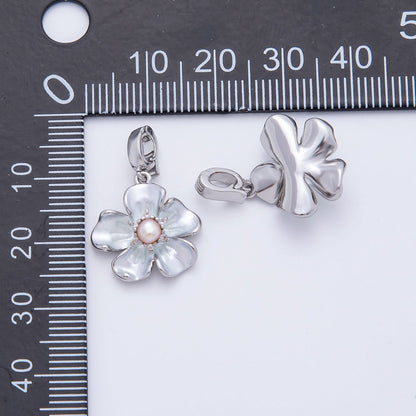Silver 23mm Shell Pearl Hibiscus Flower Snap Latch Drop Charm | AF1142