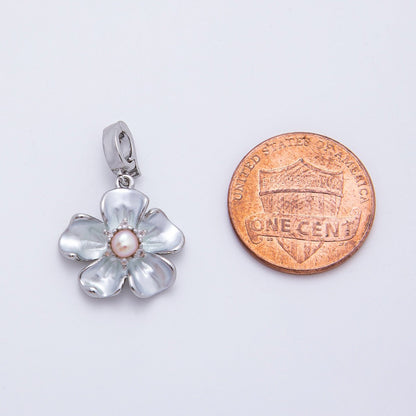 Silver 23mm Shell Pearl Hibiscus Flower Snap Latch Drop Charm | AF1142