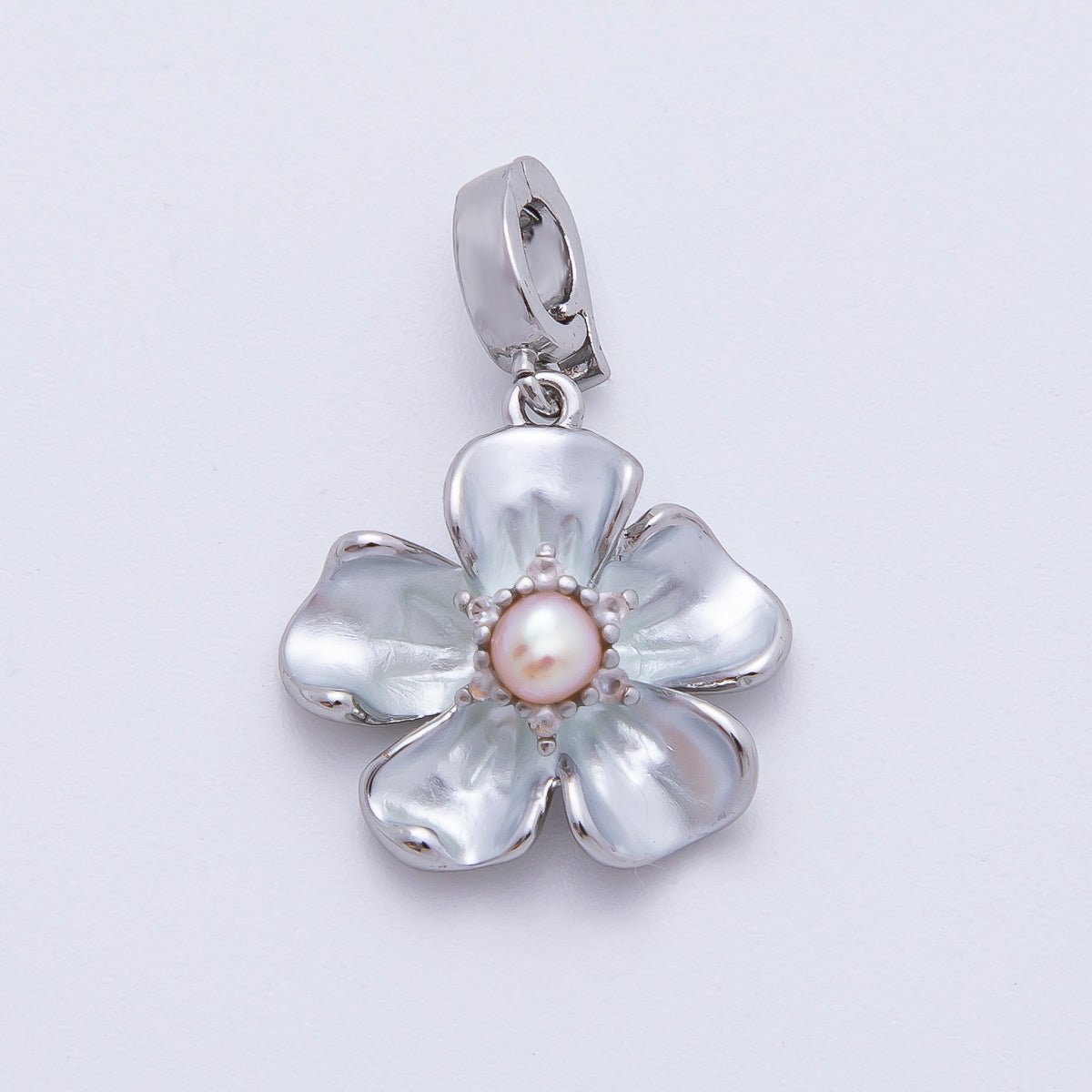 Silver 23mm Shell Pearl Hibiscus Flower Snap Latch Drop Charm | AF1142