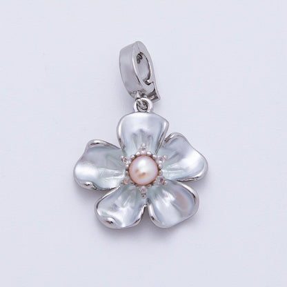 Silver 23mm Shell Pearl Hibiscus Flower Snap Latch Drop Charm | AF1142