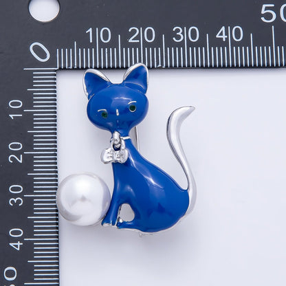 Silver 41mm Round Pearl Cat Kitten Pet Blue Enamel Pin Brooch | BH-00181