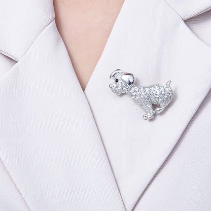 Silver 41mm x 27.7mm Micro Paved CZ Dog Puppy Pet Brooch Pin | BH-013