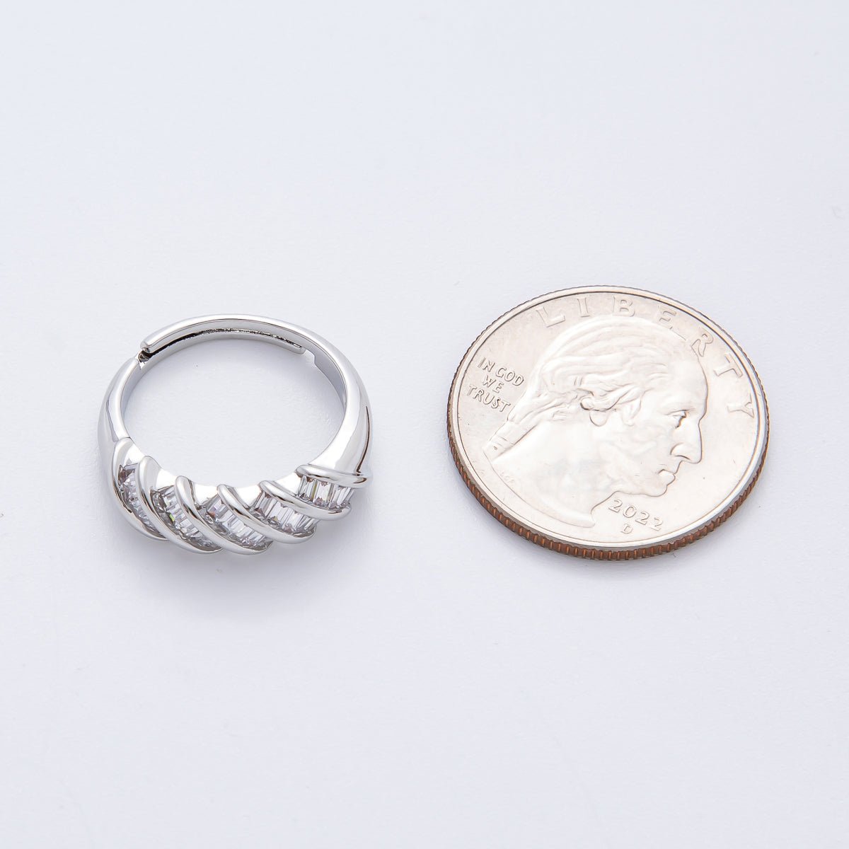 Silver Clear Baguette CZ Croissant Adjustable Ring | O489