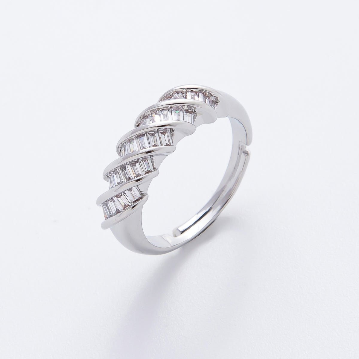 Silver Clear Baguette CZ Croissant Adjustable Ring | O489