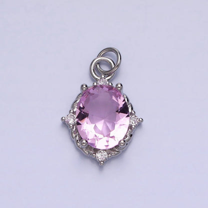 Silver Colorful Oval Brilliant Cut Cubic Zirconia Stones Clear, Pink Green Gold CZ Charm AC539 AC540 AC541 AC542 AC543 AC544