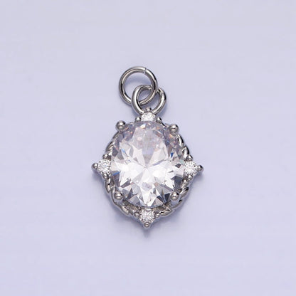 Silver Colorful Oval Brilliant Cut Cubic Zirconia Stones Clear, Pink Green Gold CZ Charm AC539 AC540 AC541 AC542 AC543 AC544