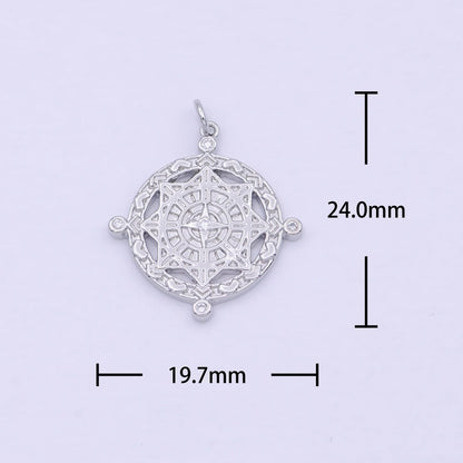 Silver  Compass Pendant, cubic zirconia cz diamonds medallion pendant for Necklace Jewelry Making W-182
