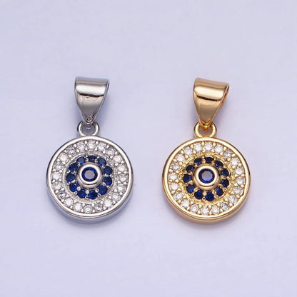 Silver, Gold Blue Clear Evil Eye Micro Paved 10mm Round Pendant | AA346 AA365