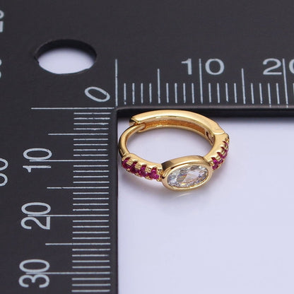 Silver, Gold Fuchsia Micro Paved Lined Clear Oval CZ 13mm Cartilage Huggie Earrings | AB814 AB826