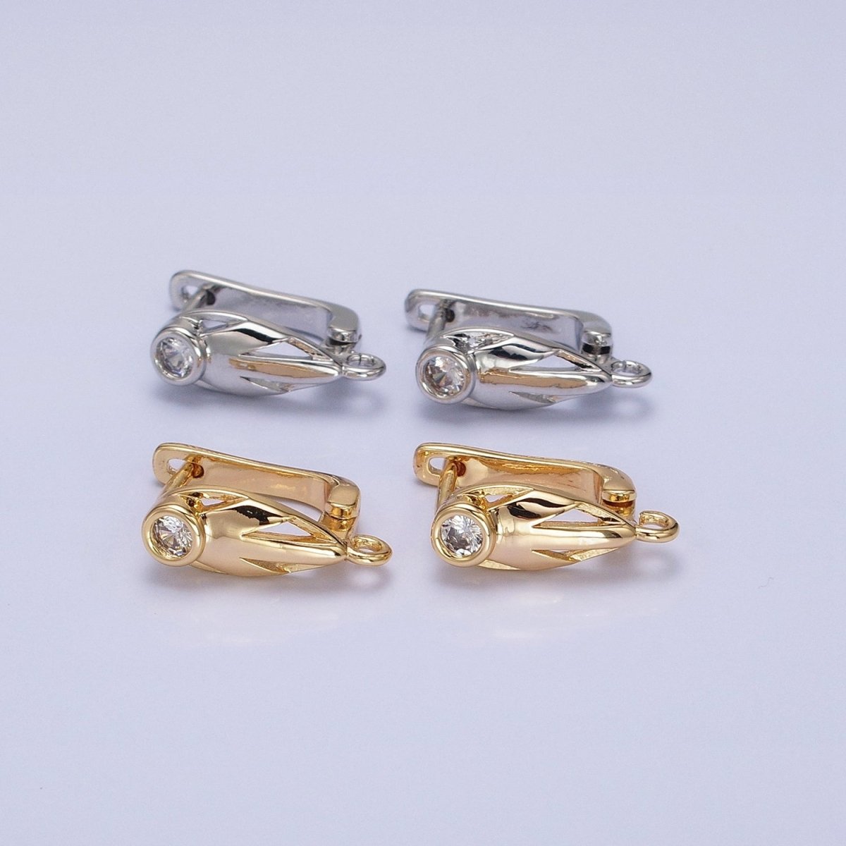 Silver, Gold Geometric Leaf Clear CZ Open Loop English Lock Earring Supply | Z-202 Z-214
