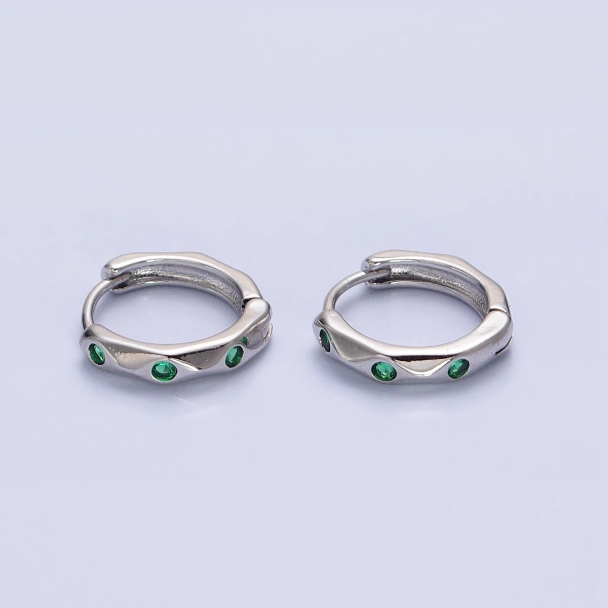 Silver, Gold Green CZ Dotted Geometric Dented 12mm Huggie Earrings in Silver &amp; Gold | AB900 AB911