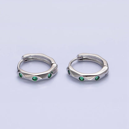 Silver, Gold Green CZ Dotted Geometric Dented 12mm Huggie Earrings in Silver &amp; Gold | AB900 AB911