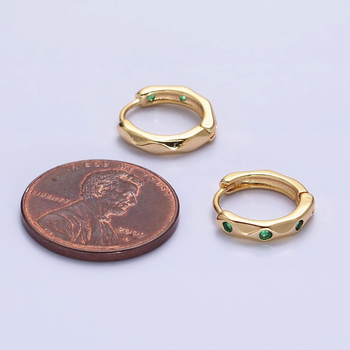 Silver, Gold Green CZ Dotted Geometric Dented 12mm Huggie Earrings in Silver &amp; Gold | AB900 AB911