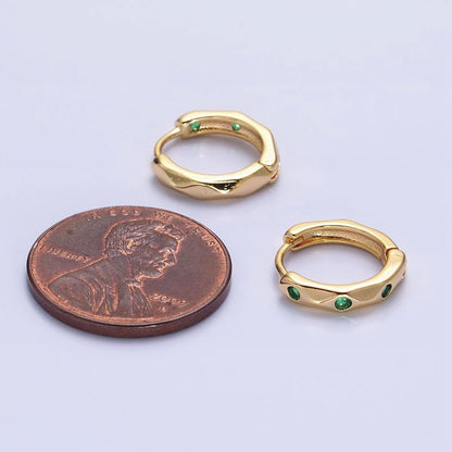 Silver, Gold Green CZ Dotted Geometric Dented 12mm Huggie Earrings in Silver &amp; Gold | AB900 AB911
