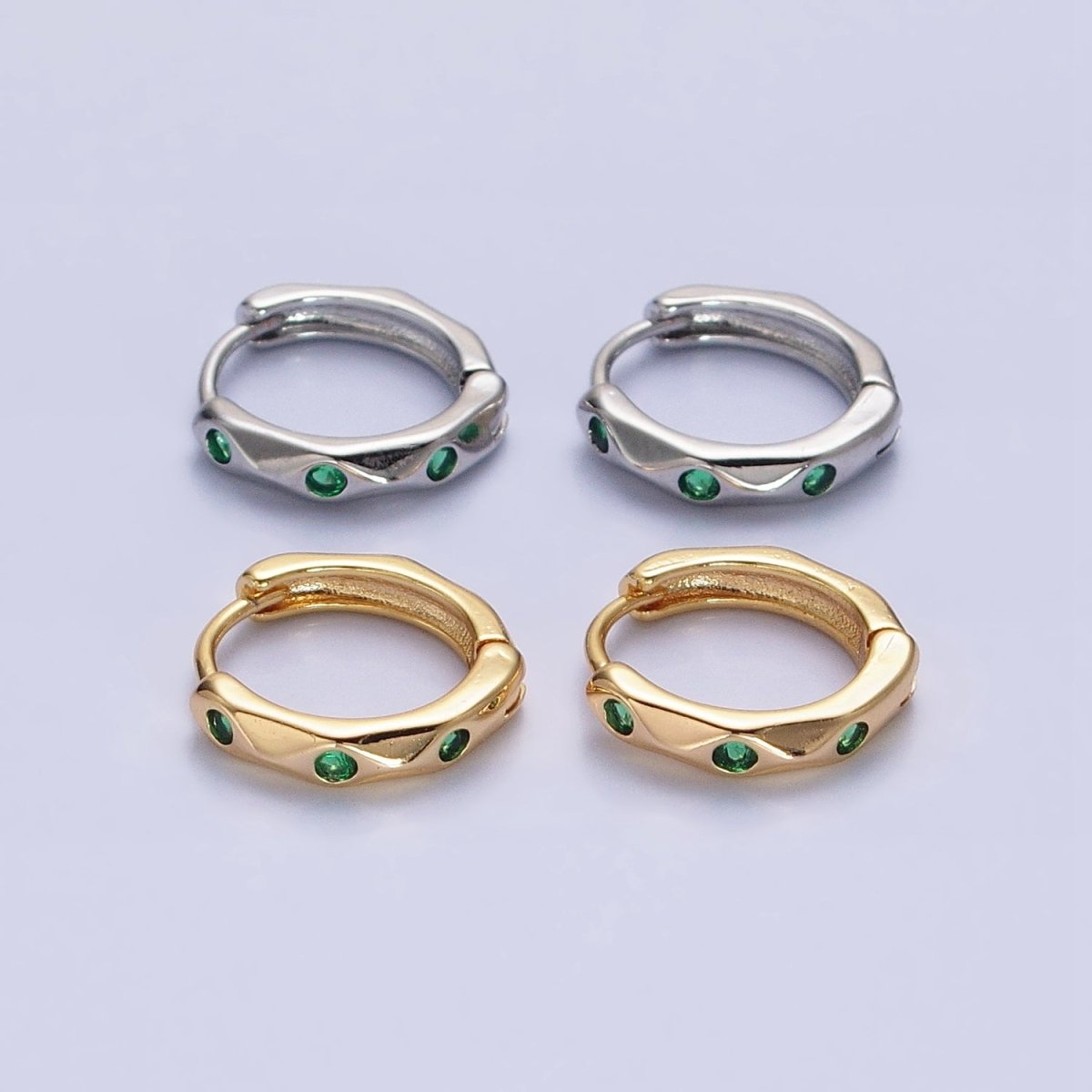 Silver, Gold Green CZ Dotted Geometric Dented 12mm Huggie Earrings in Silver &amp; Gold | AB900 AB911