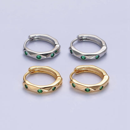 Silver, Gold Green CZ Dotted Geometric Dented 12mm Huggie Earrings in Silver &amp; Gold | AB900 AB911