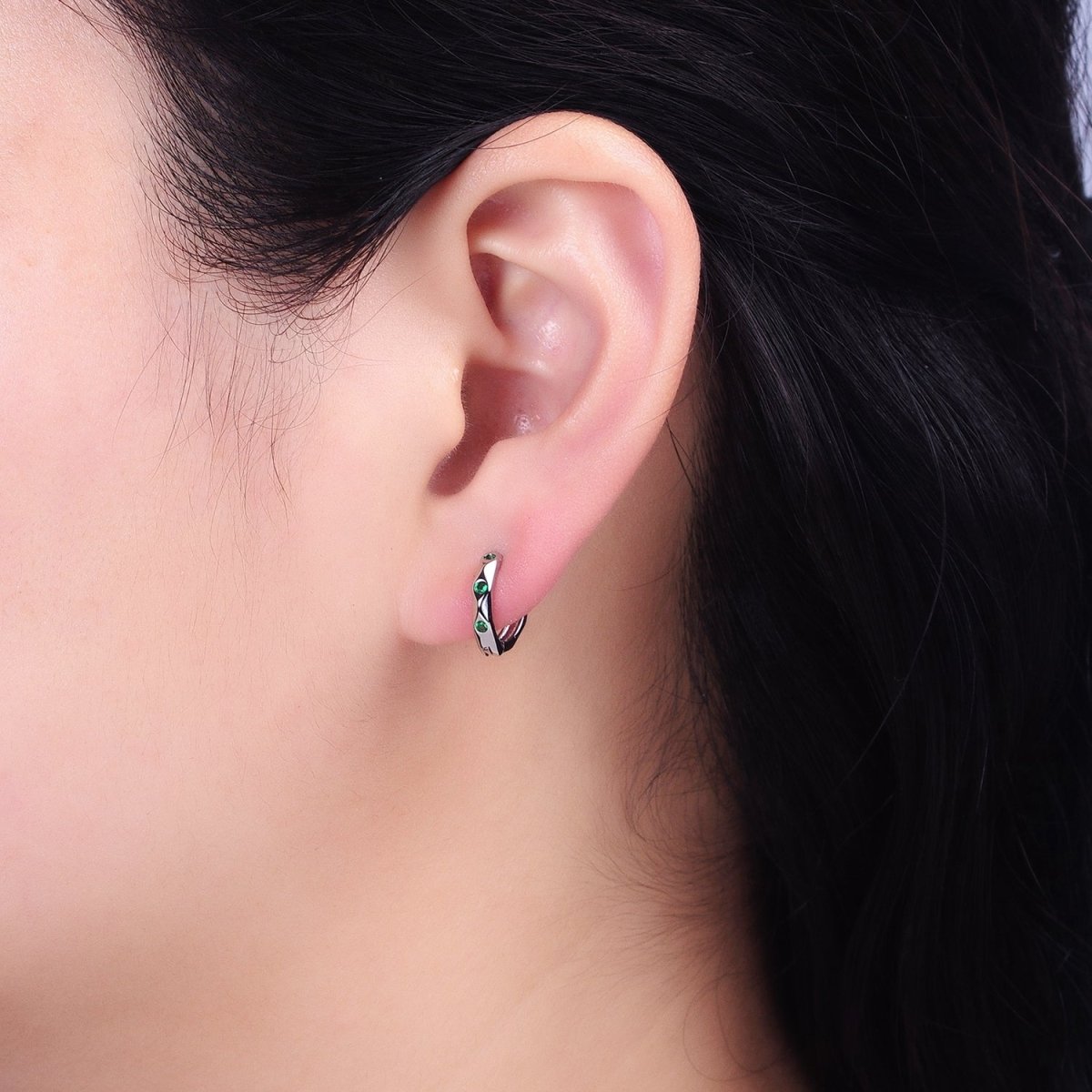 Silver, Gold Green CZ Dotted Geometric Dented 12mm Huggie Earrings in Silver &amp; Gold | AB900 AB911