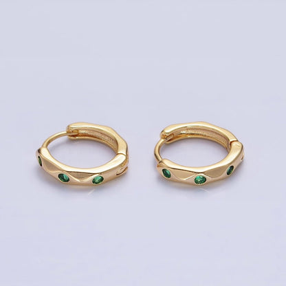 Silver, Gold Green CZ Dotted Geometric Dented 12mm Huggie Earrings in Silver &amp; Gold | AB900 AB911