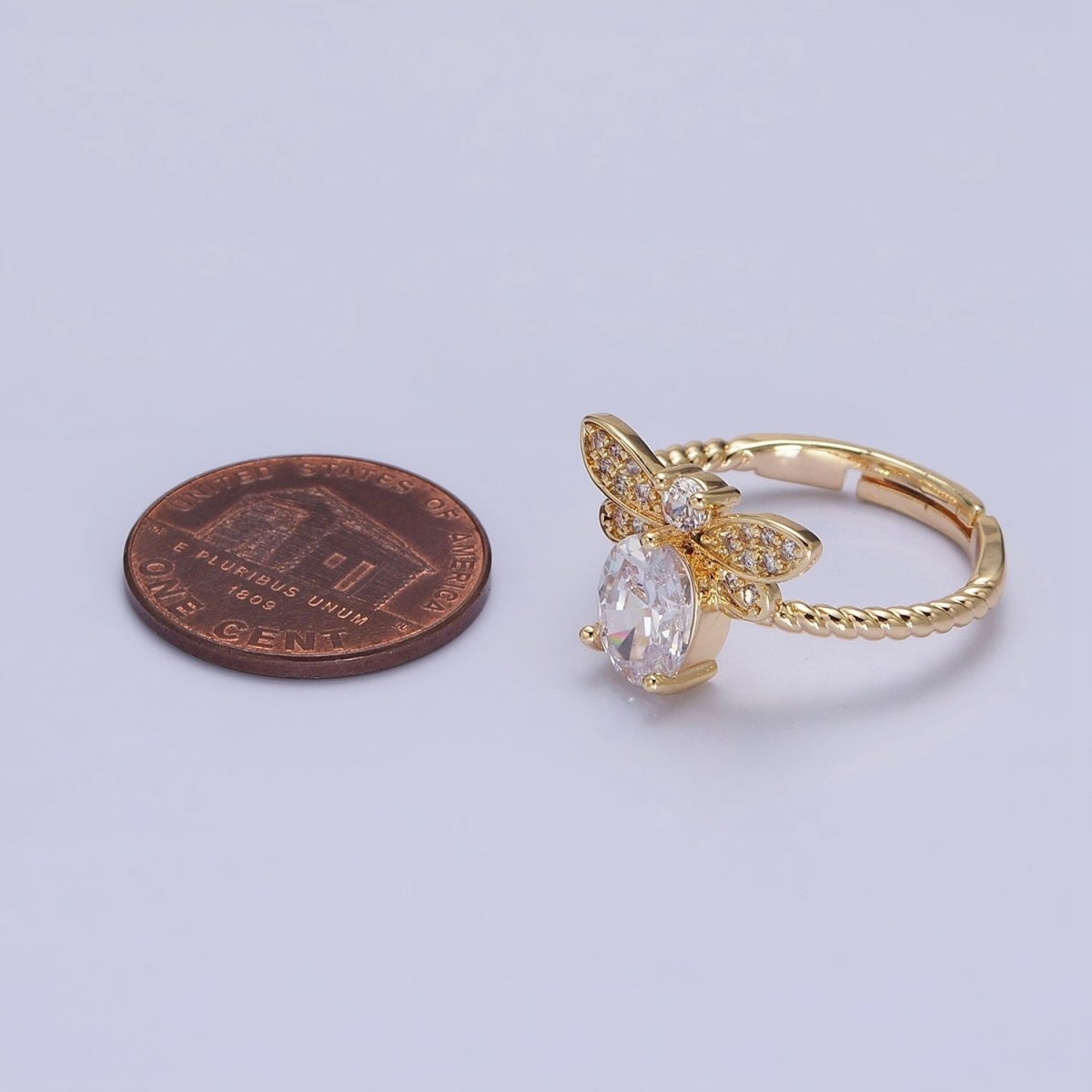 Silver, Gold Micro Paved Bettle Insect Clear Oval CZ Twisted Adjustable Ring | O-1505 O-1506