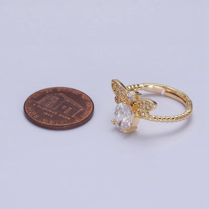 Silver, Gold Micro Paved Bettle Insect Clear Oval CZ Twisted Adjustable Ring | O-1505 O-1506