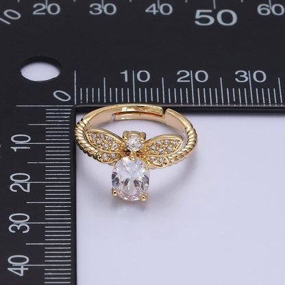 Silver, Gold Micro Paved Bettle Insect Clear Oval CZ Twisted Adjustable Ring | O-1505 O-1506
