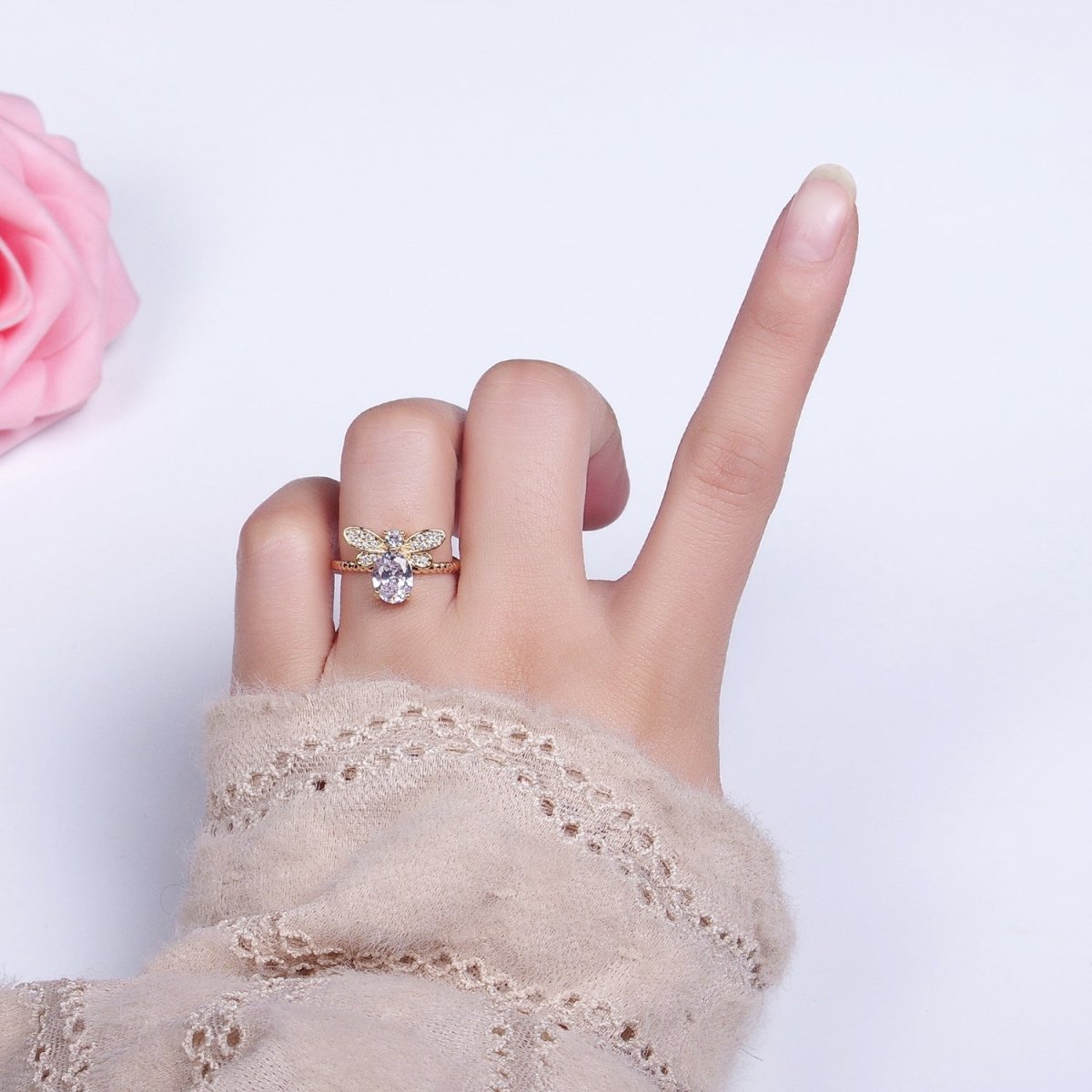 Silver, Gold Micro Paved Bettle Insect Clear Oval CZ Twisted Adjustable Ring | O-1505 O-1506
