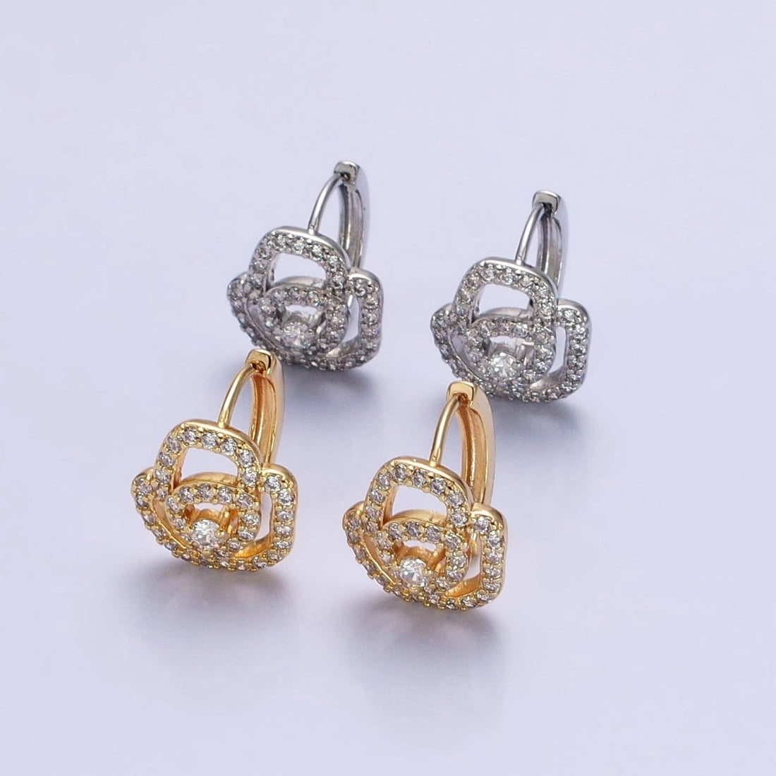 Silver, Gold Micro Paved CZ Rose Flower 13mm Cartilage Huggie Earrings | AB898 AB910