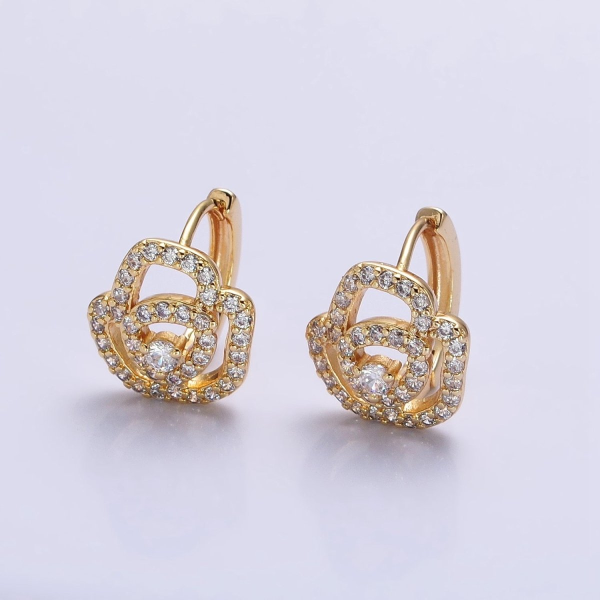 Silver, Gold Micro Paved CZ Rose Flower 13mm Cartilage Huggie Earrings | AB898 AB910