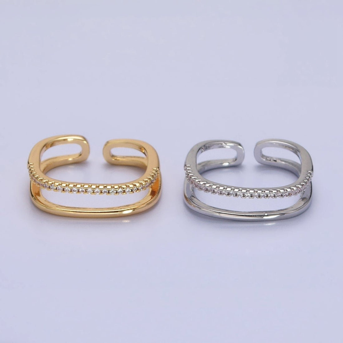 Silver, Gold Minimalist Clear Micro Paved CZ Square Double Band Ring | O-1509 O-1510