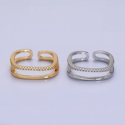 Silver, Gold Minimalist Clear Micro Paved CZ Square Double Band Ring | O-1509 O-1510