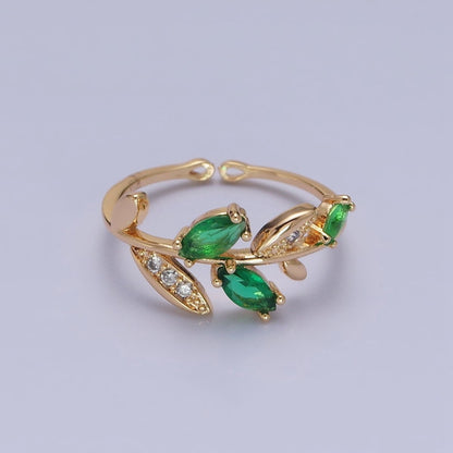 Silver, Gold Nature Leaf Green Marquise Micro Paved CZ Adjustable Ring | O-1894 O-1895