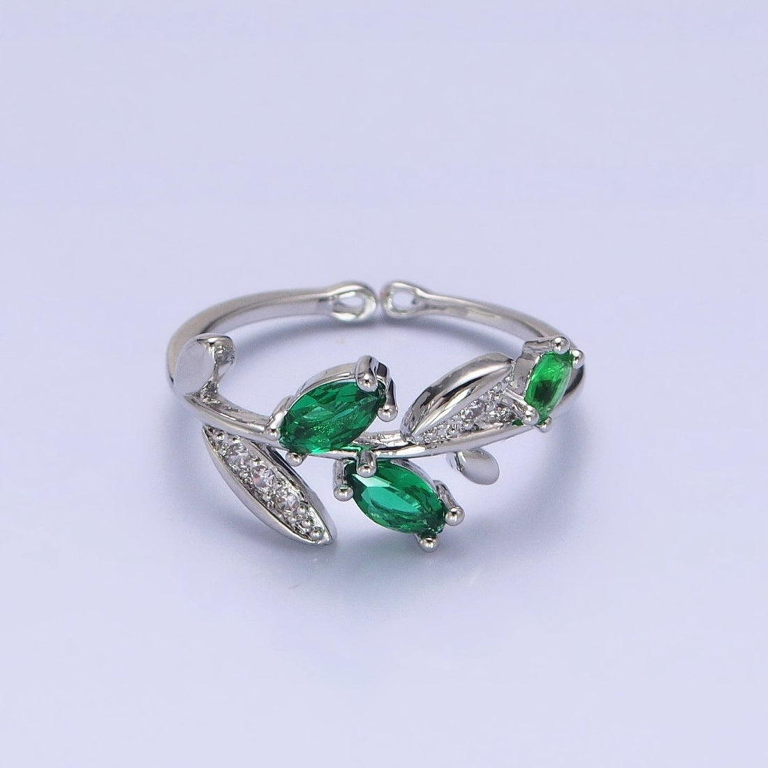 Silver, Gold Nature Leaf Green Marquise Micro Paved CZ Adjustable Ring | O-1894 O-1895