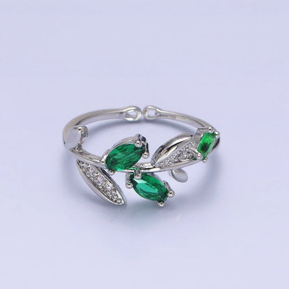 Silver, Gold Nature Leaf Green Marquise Micro Paved CZ Adjustable Ring | O-1894 O-1895