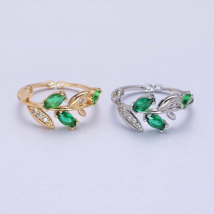 Silver, Gold Nature Leaf Green Marquise Micro Paved CZ Adjustable Ring | O-1894 O-1895