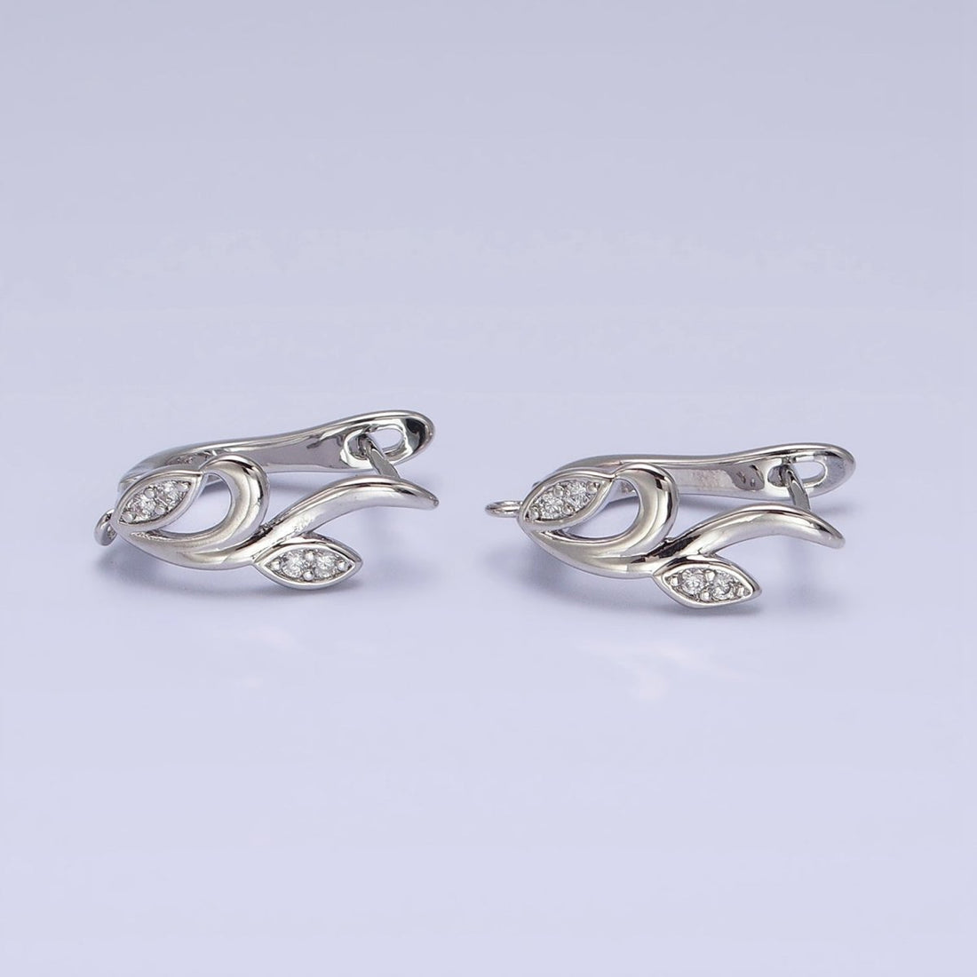 Silver, Gold Nature Vine Leaf Plant Micro Paved CZ Open Loop English Lock Earring Supply | Z-205 Z-217