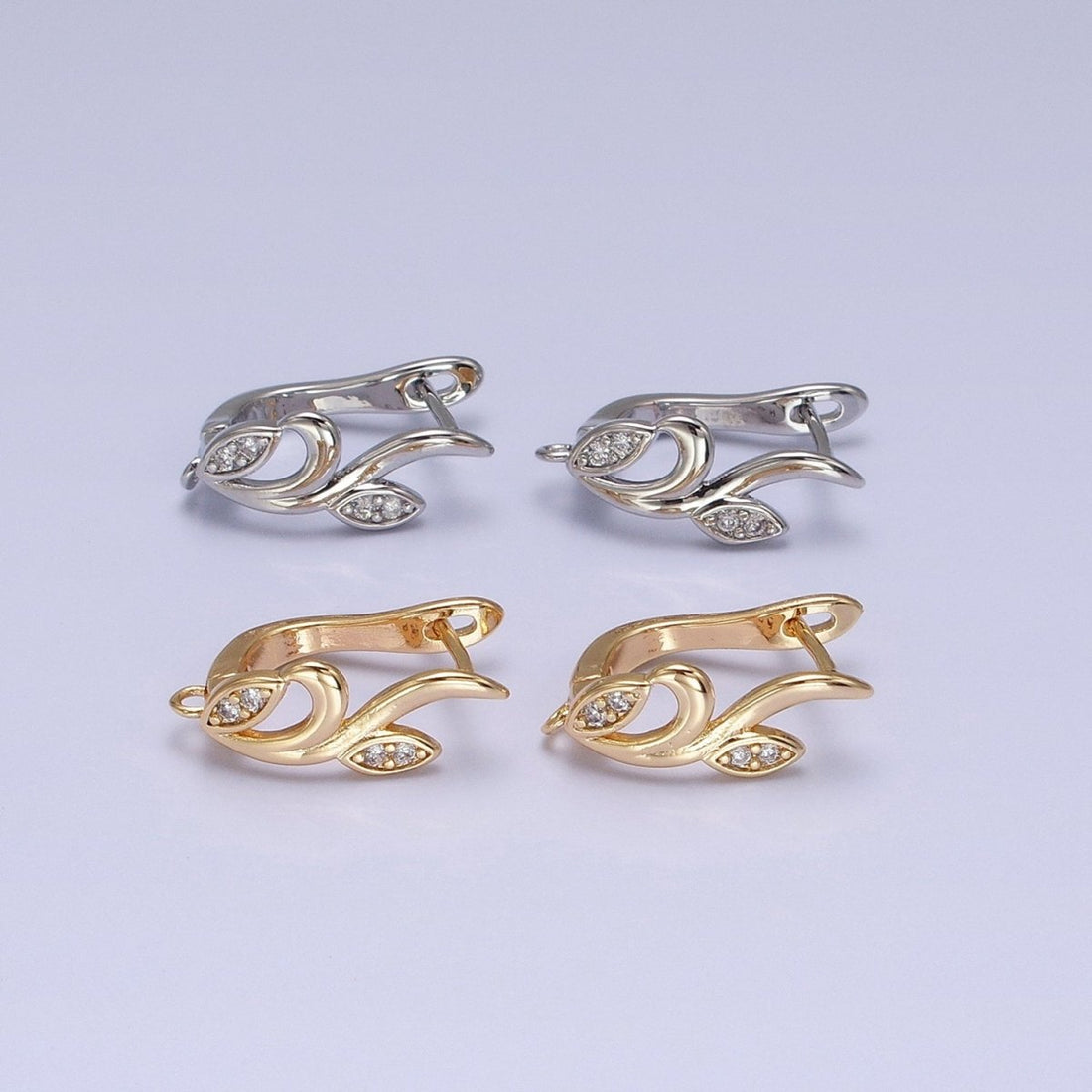 Silver, Gold Nature Vine Leaf Plant Micro Paved CZ Open Loop English Lock Earring Supply | Z-205 Z-217