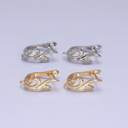 Silver, Gold Nature Vine Leaf Plant Micro Paved CZ Open Loop English Lock Earring Supply | Z-205 Z-217