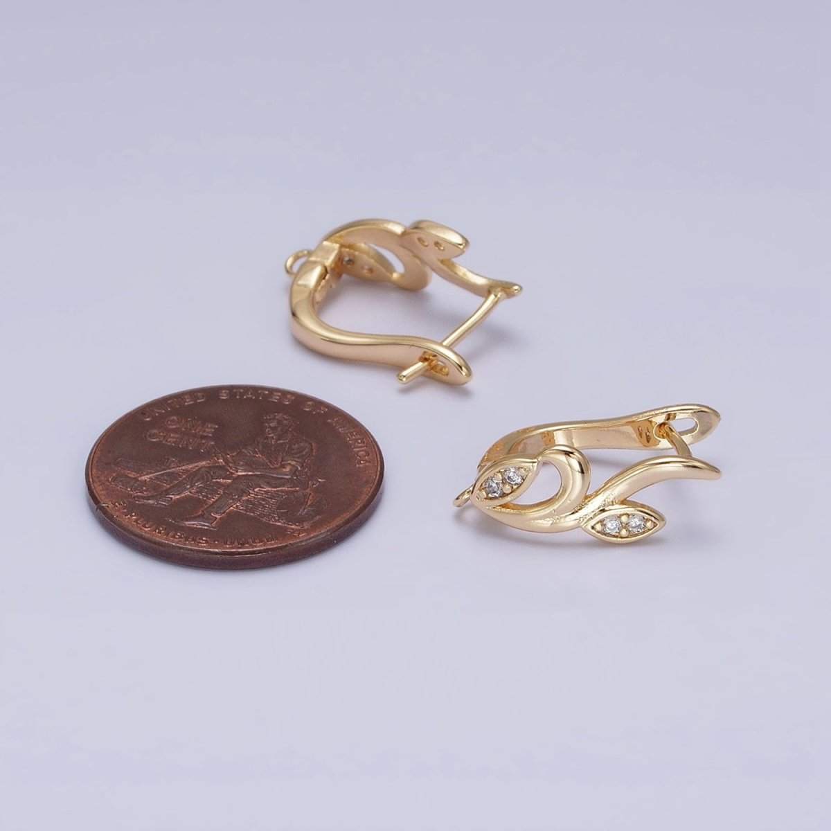 Silver, Gold Nature Vine Leaf Plant Micro Paved CZ Open Loop English Lock Earring Supply | Z-205 Z-217