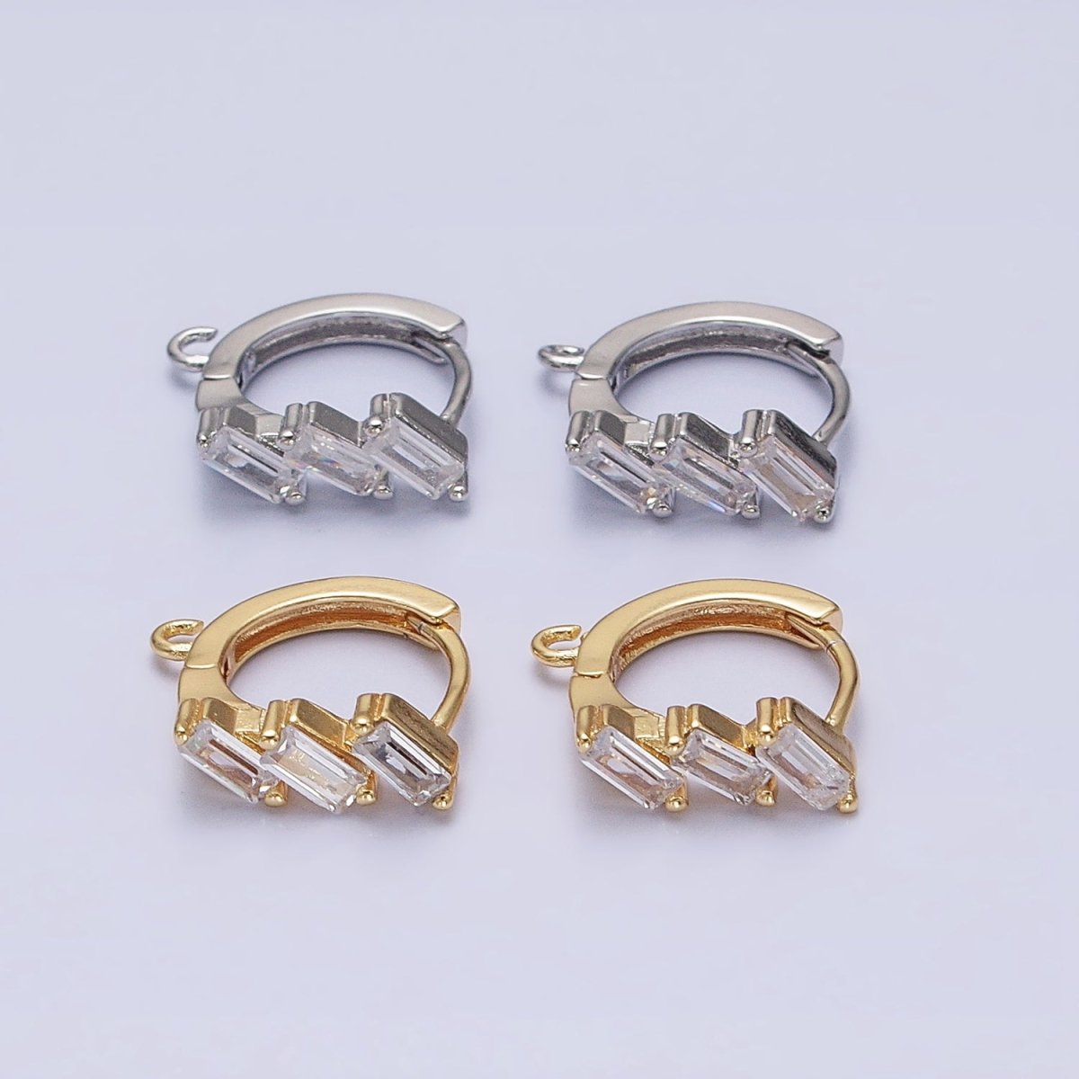 Silver, Gold Triple Clear Baguette CZ 12mm Huggie Open Loop Earrings Supply | Z169 Z298
