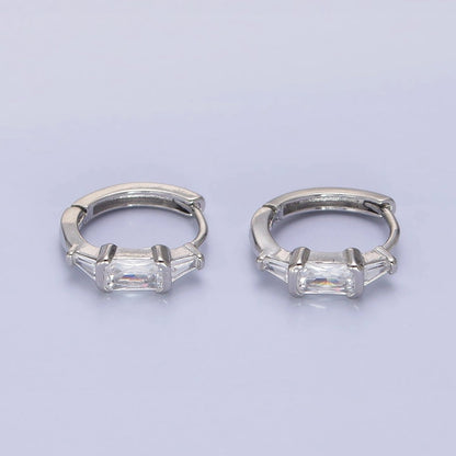 Silver, Gold Triple Clear Baguette CZ 13mm Huggie Earrings | AB1092 AD790