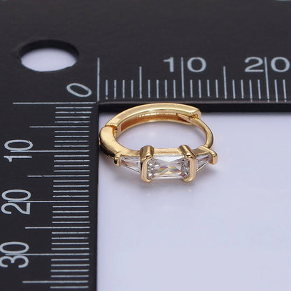 Silver, Gold Triple Clear Baguette CZ 13mm Huggie Earrings | AB1092 AD790