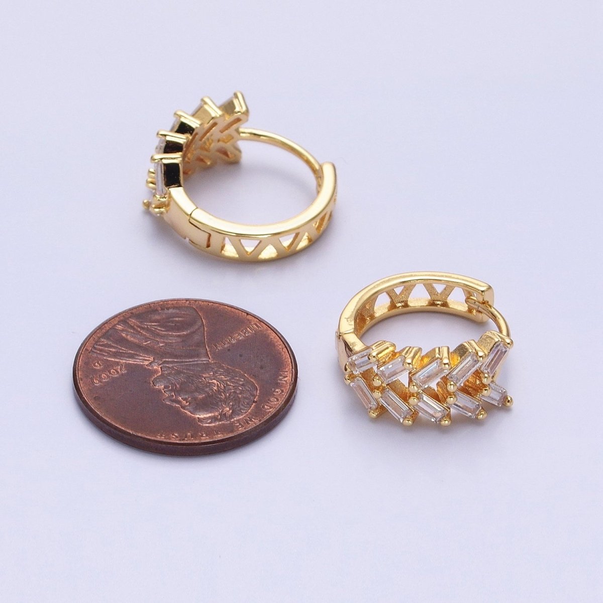 Silver, Gold V Double Clear Baguette Huggie Earrings | AB1093 AB1096