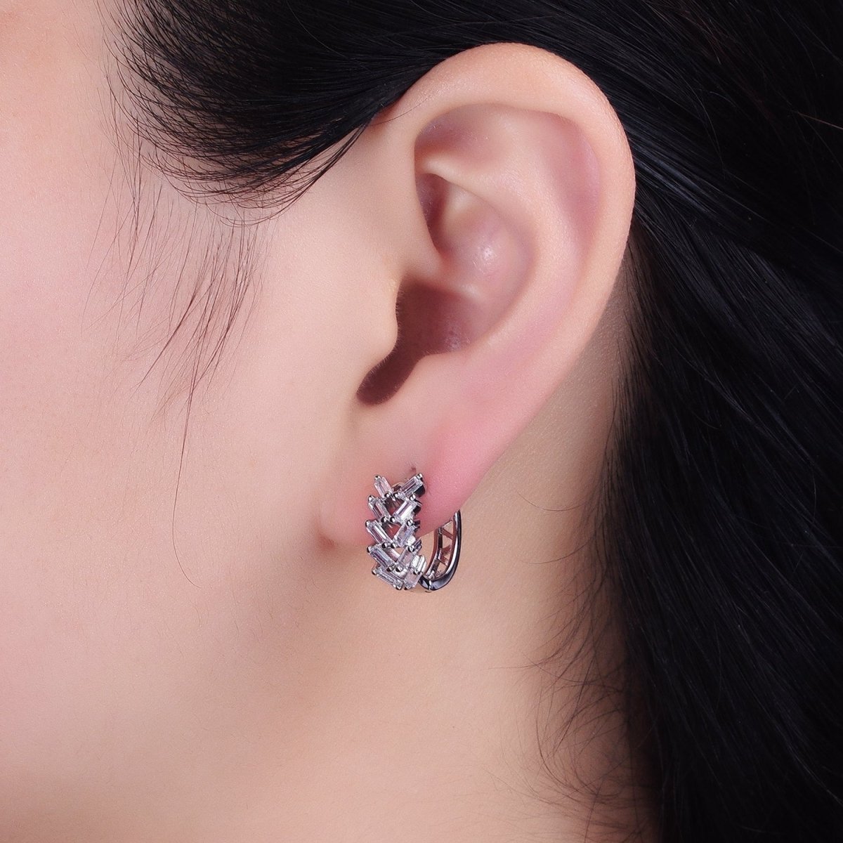 Silver, Gold V Double Clear Baguette Huggie Earrings | AB1093 AB1096